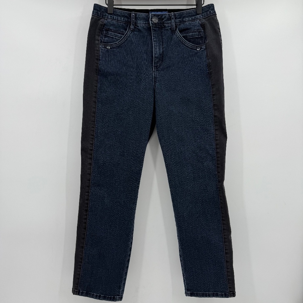 Democracy Jeans Women 10 Blue Ab Solution Slim Ankle Mid Rise Black Stripe Denim